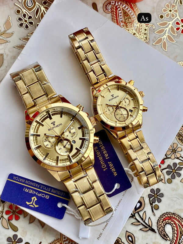 Luxury Couple Watch Set | Bophier Men’s & Women’s Chronograph Watch | Premium Metal Strap with Date – Free Shipping