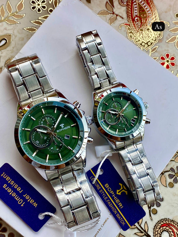 Luxury Couple Watch Set | Bophier Men’s & Women’s Chronograph Watch | Premium Metal Strap with Date – Free Shipping