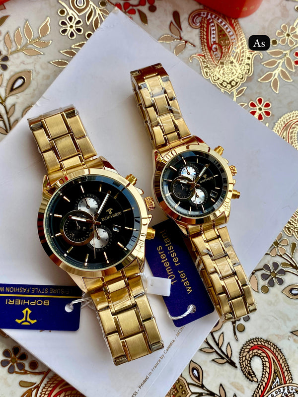 Luxury Couple Watch Set | Bophier Men’s & Women’s Chronograph Watch | Premium Metal Strap with Date – Free Shipping