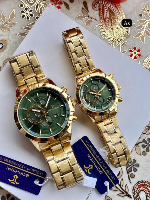 Luxury Couple Watch Set | Bophier Men’s & Women’s Chronograph Watch | Premium Metal Strap with Date – Free Shipping