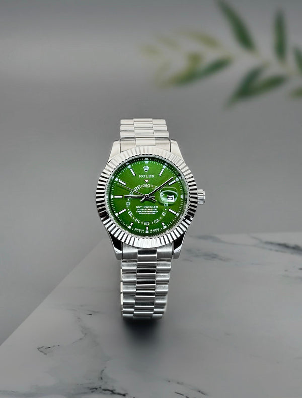 Rolex Sky-Dweller | Silver Stainless Steel Watch with Iconic Green Dial (41mm)